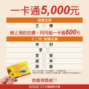 最新消息 79 三久太陽能熱水器嘉義服務中心 上鴻水電行 12月份得獎名單 1 10日發佈fb | 三久太陽能熱水器嘉義服務中心 上鴻水電行